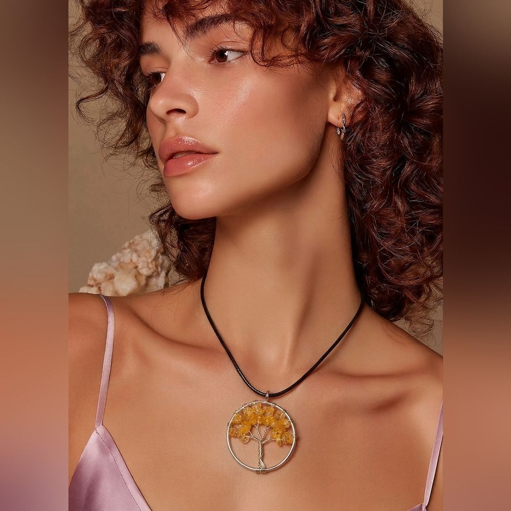 Citrine Tree of Life Necklace – Silver Wire Wrapped Gemstone Medallion Boho